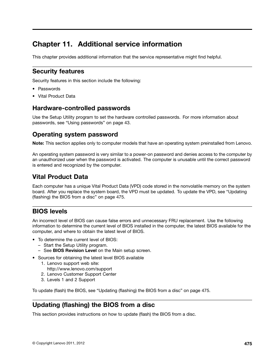 Chapter 11. additional service information, Security features, Hardware-controlled passwords | Operating system password, Vital product data, Bios levels, Updating (flashing) the bios from a disc, Updating (flashing) the bios, Updating (flashing), Updating | Lenovo THINKCENTRE 4485 User Manual | Page 483 / 492