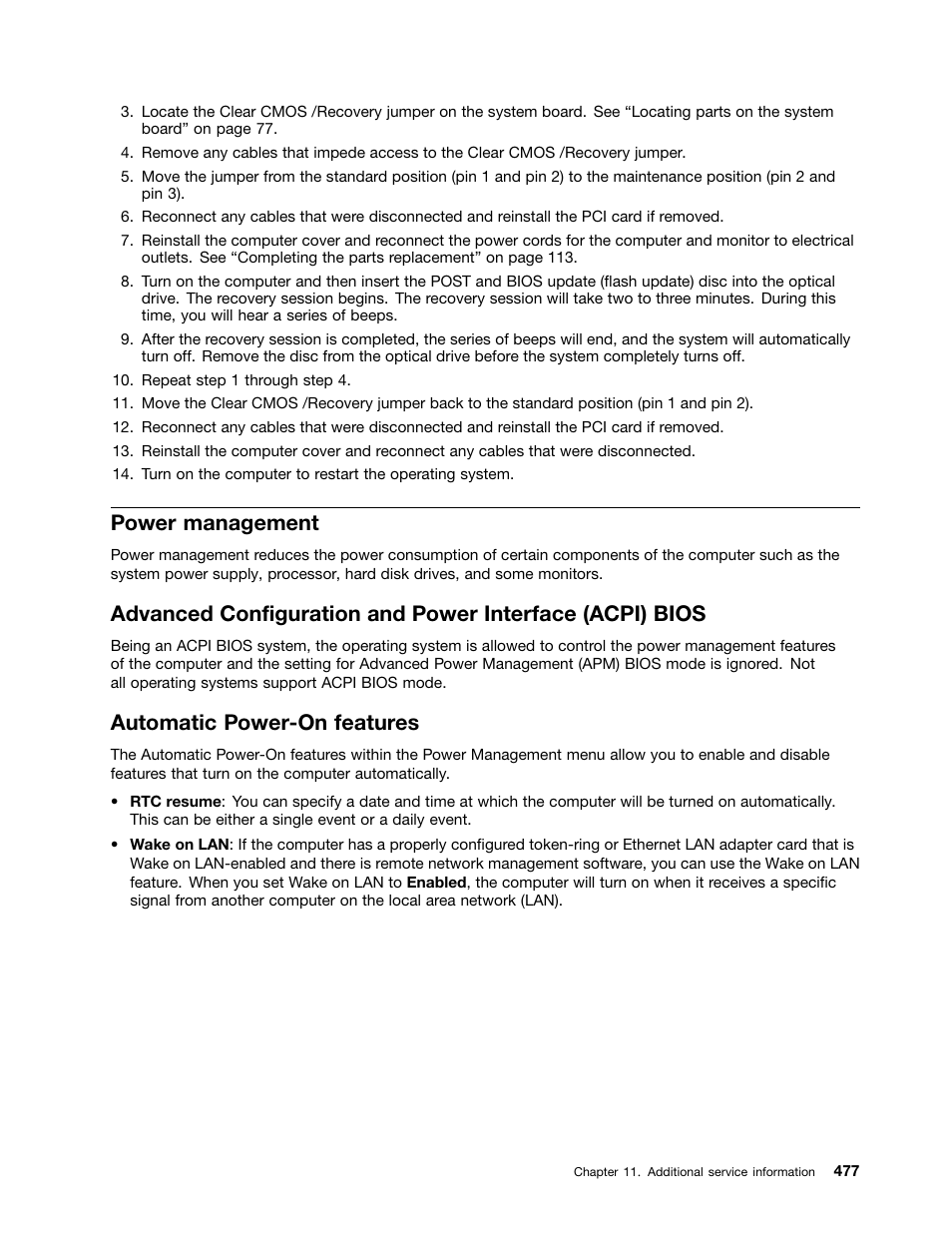 Power management, Automatic power-on features | Lenovo THINKCENTRE 4485 User Manual | Page 485 / 492