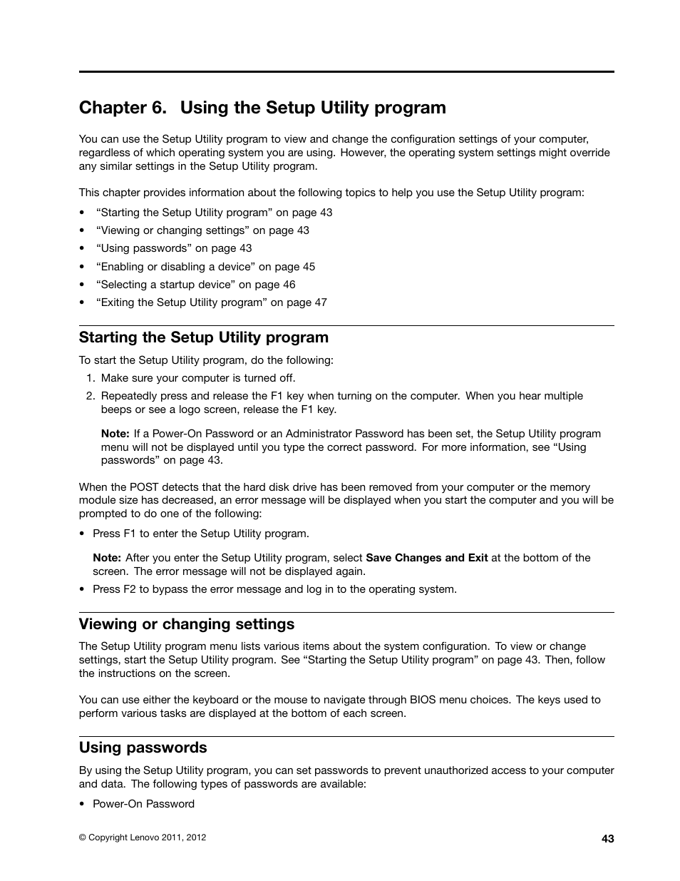 Chapter 6. using the setup utility program, Starting the setup utility program, Viewing or changing settings | Using passwords | Lenovo THINKCENTRE 4485 User Manual | Page 51 / 492