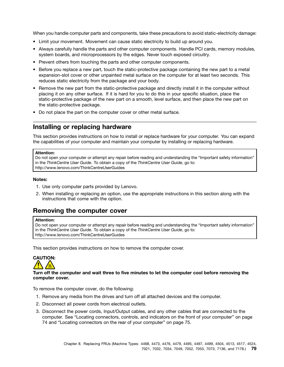 Installing or replacing hardware, Removing the computer cover | Lenovo THINKCENTRE 4485 User Manual | Page 87 / 492