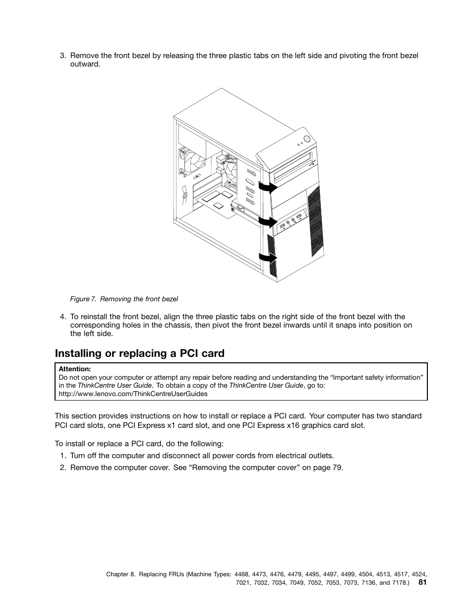 Installing or replacing a pci card | Lenovo THINKCENTRE 4485 User Manual | Page 89 / 492