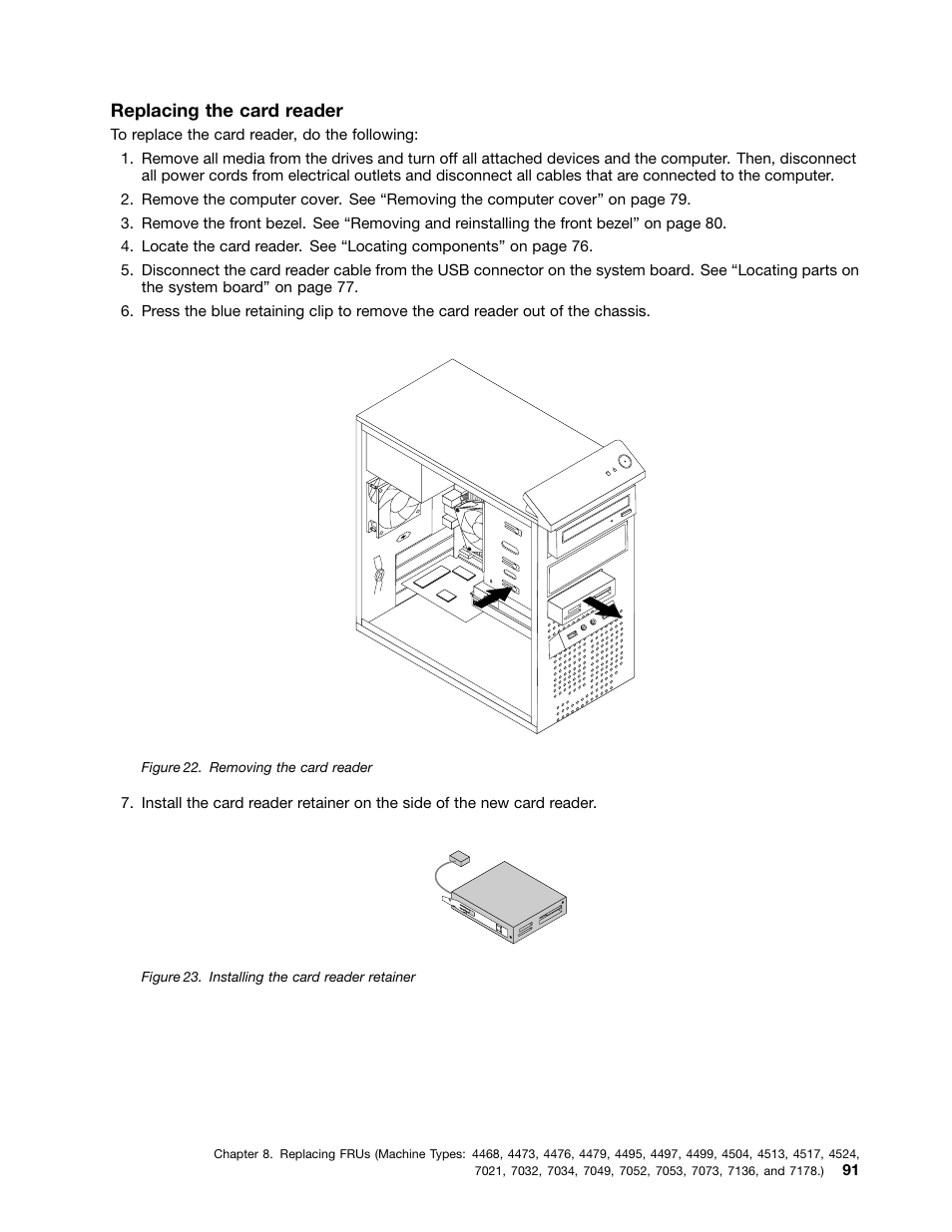 Replacing the card reader | Lenovo THINKCENTRE 4485 User Manual | Page 99 / 492