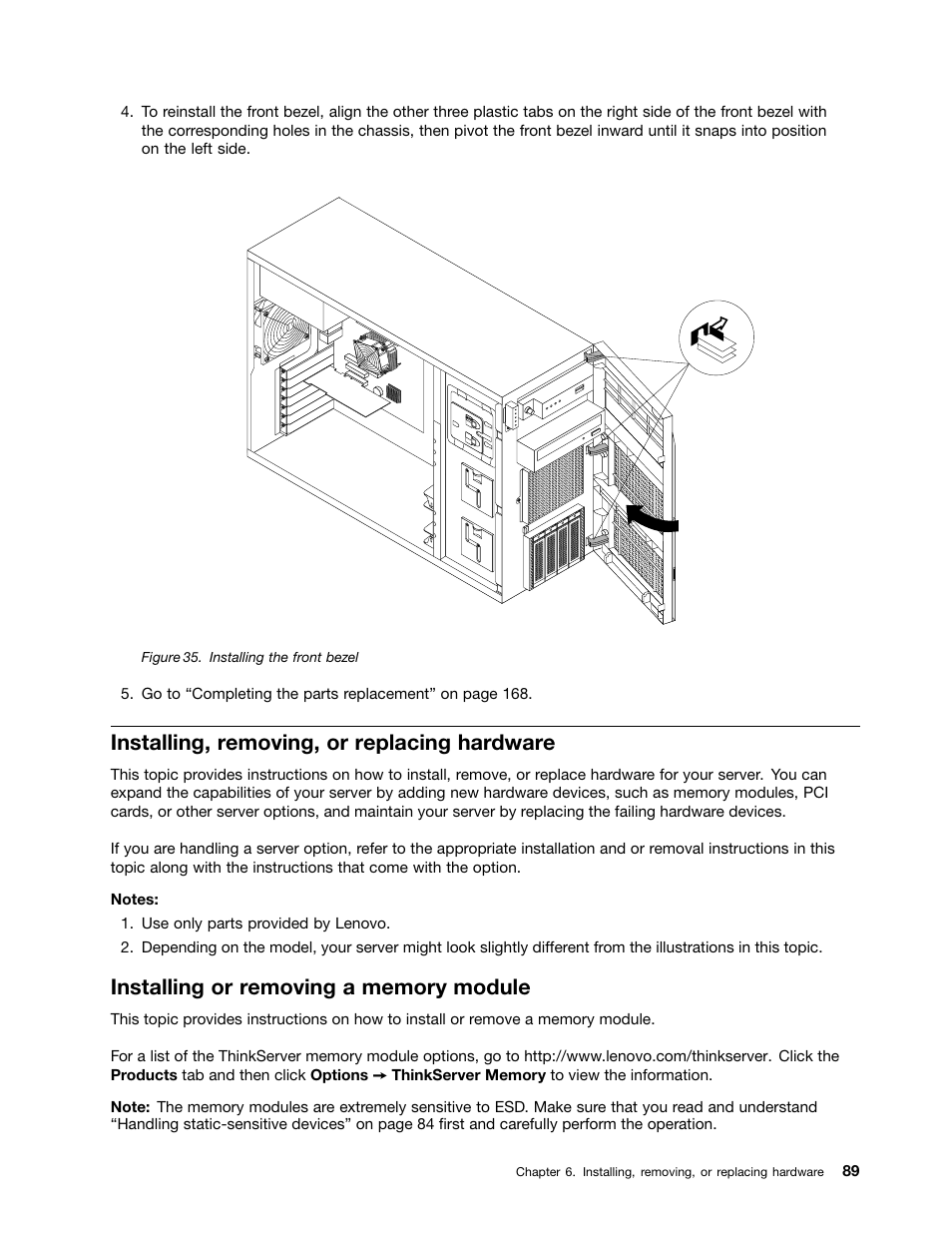 Installing, removing, or replacing hardware, Installing or removing a memory module | Lenovo THINKSERVER 392 User Manual | Page 101 / 248