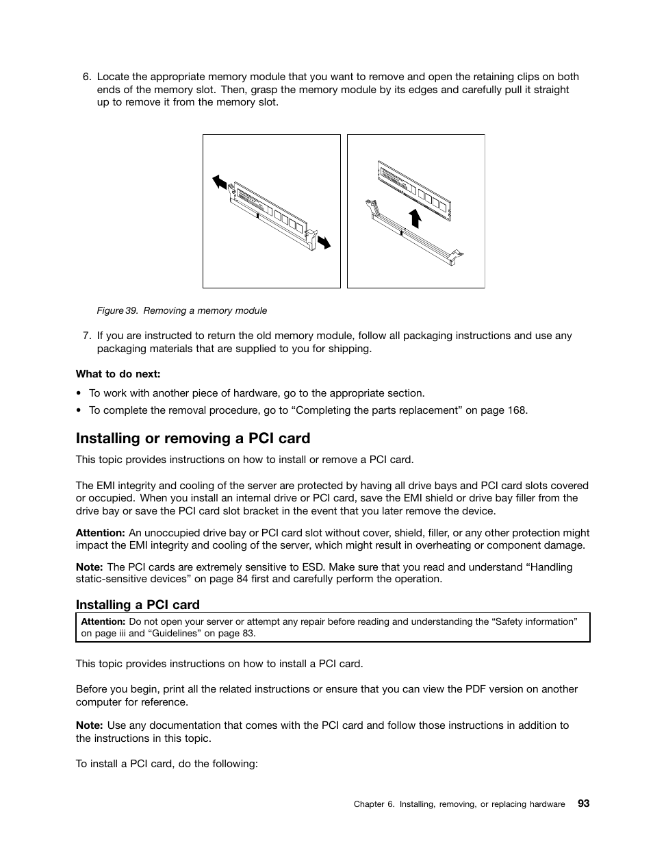 Installing or removing a pci card | Lenovo THINKSERVER 392 User Manual | Page 105 / 248