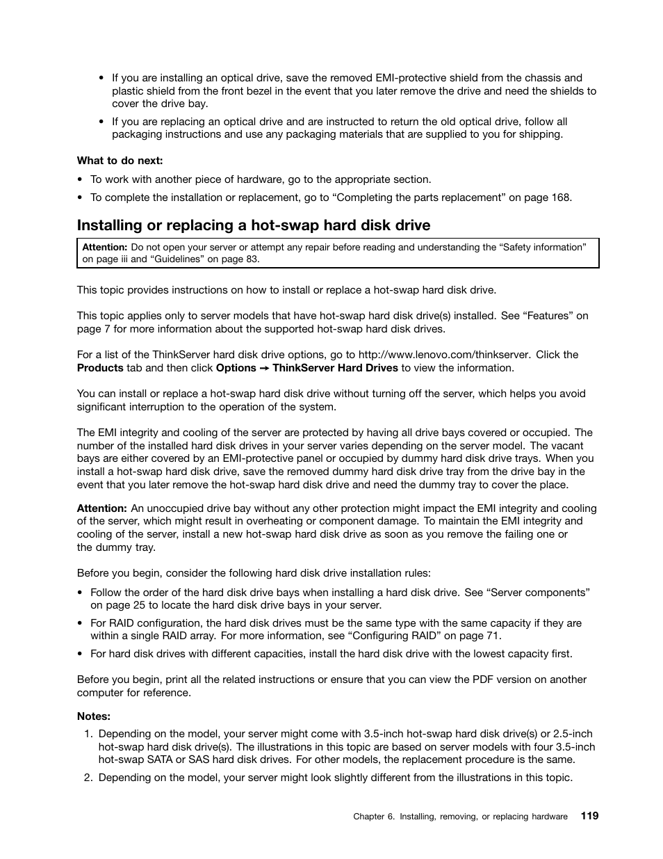 Installing or replacing a hot-swap hard disk drive | Lenovo THINKSERVER 392 User Manual | Page 131 / 248