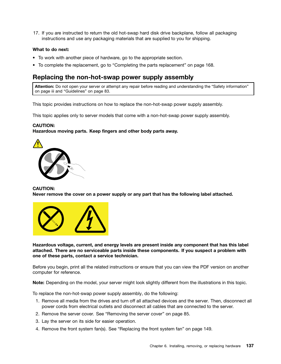 Replacing the non-hot-swap power supply assembly | Lenovo THINKSERVER 392 User Manual | Page 149 / 248