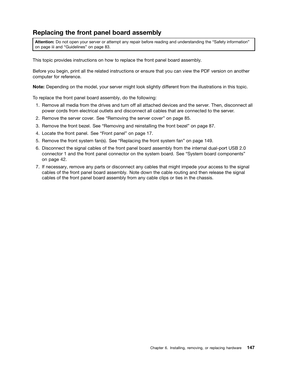 Replacing the front panel board assembly | Lenovo THINKSERVER 392 User Manual | Page 159 / 248