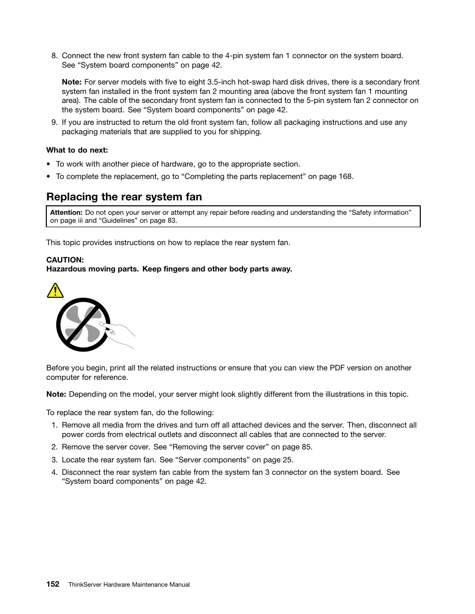 Replacing the rear system fan | Lenovo THINKSERVER 392 User Manual | Page 164 / 248
