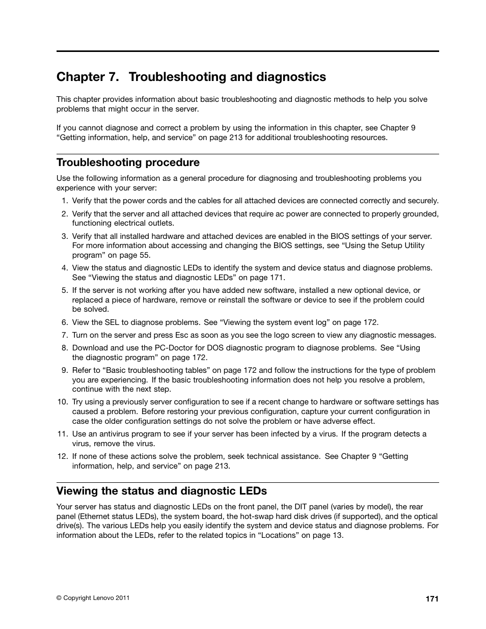 Chapter 7. troubleshooting and diagnostics, Troubleshooting procedure, Viewing the status and diagnostic leds | Lenovo THINKSERVER 392 User Manual | Page 183 / 248