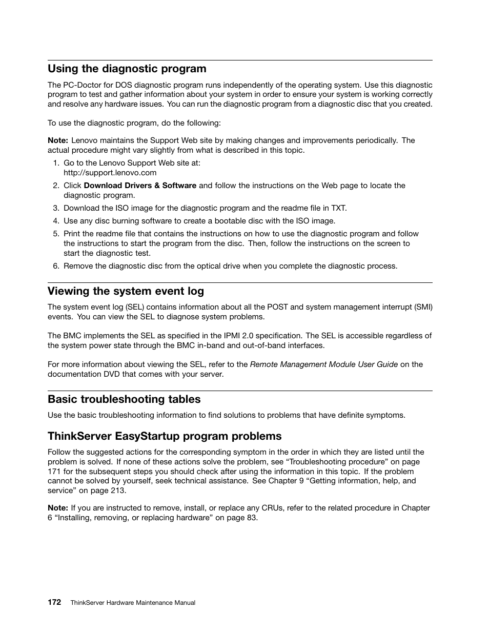 Using the diagnostic program, Viewing the system event log, Basic troubleshooting tables | Thinkserver easystartup program problems | Lenovo THINKSERVER 392 User Manual | Page 184 / 248