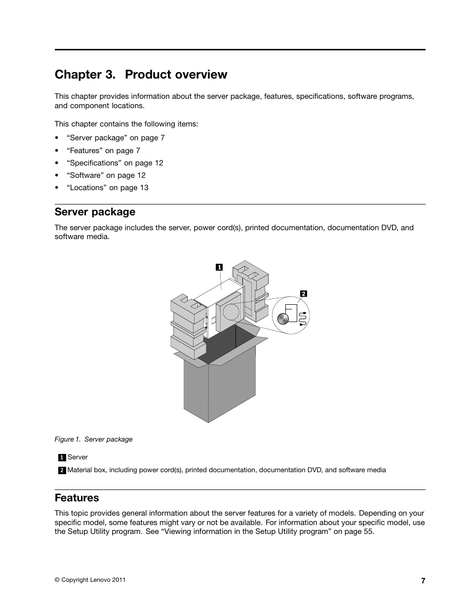 Chapter 3. product overview, Server package, Features | Lenovo THINKSERVER 392 User Manual | Page 19 / 248