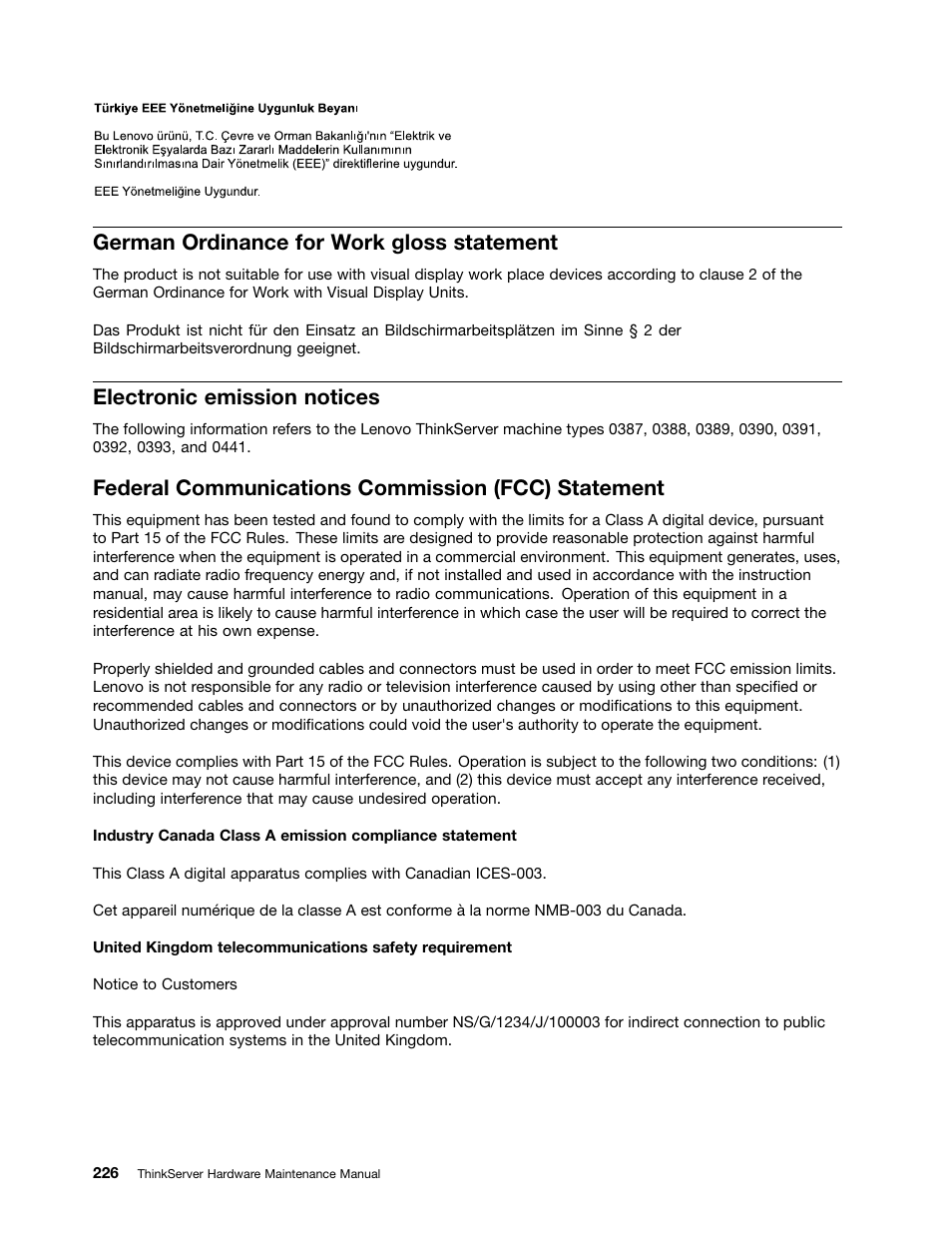 German ordinance for work gloss statement, Electronic emission notices, Federal communications commission (fcc) statement | Lenovo THINKSERVER 392 User Manual | Page 238 / 248