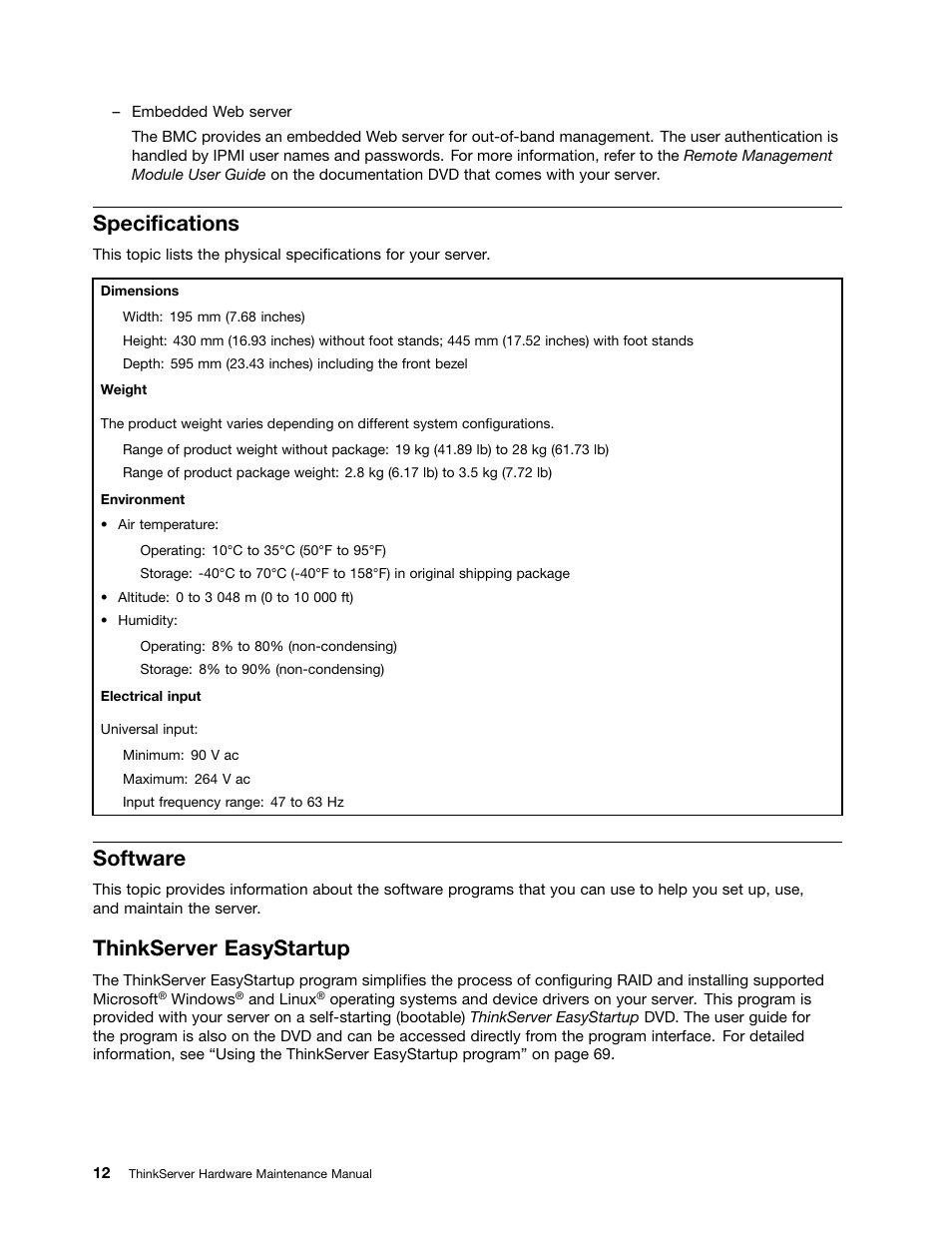 Specifications, Software, Thinkserver easystartup | Lenovo THINKSERVER 392 User Manual | Page 24 / 248