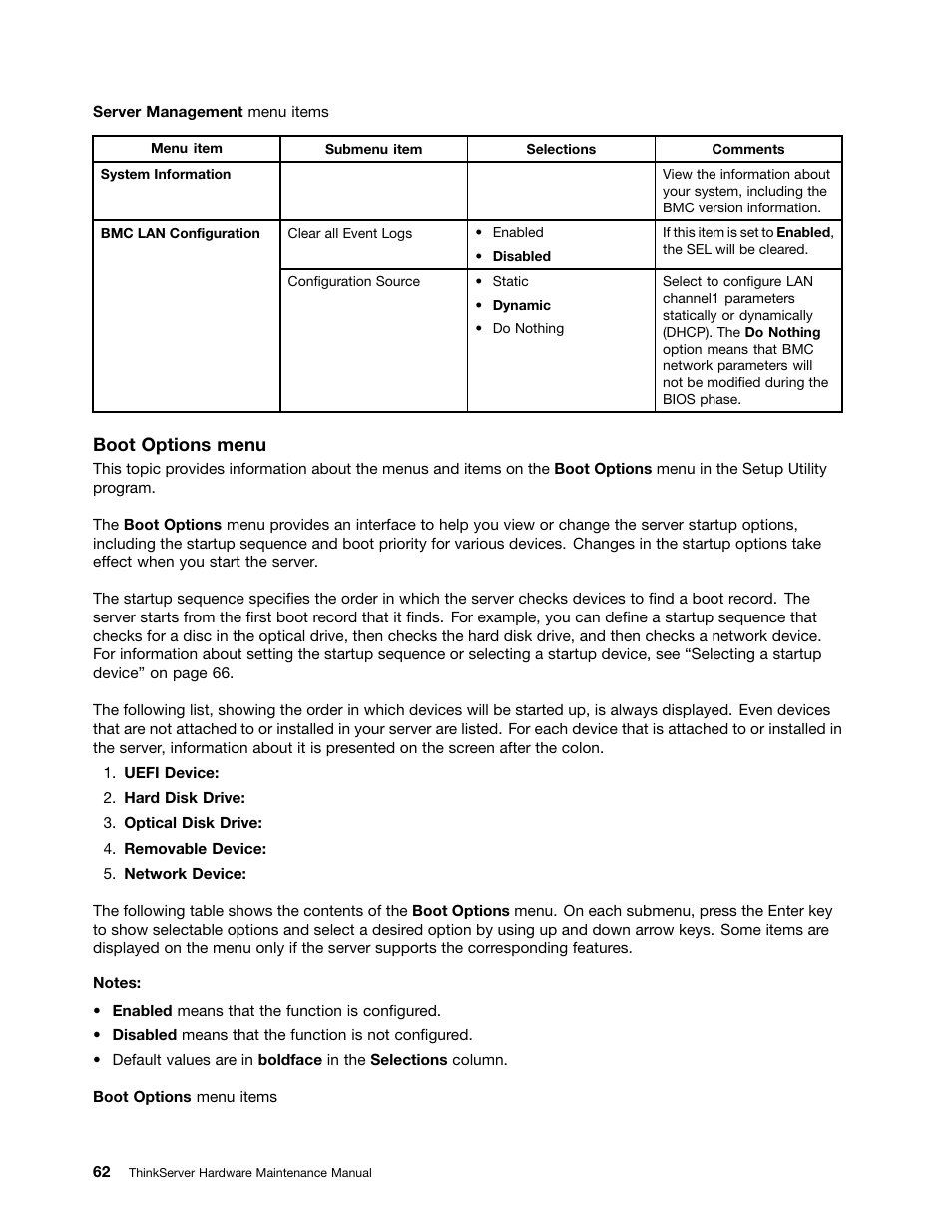 Boot options menu | Lenovo THINKSERVER 392 User Manual | Page 74 / 248
