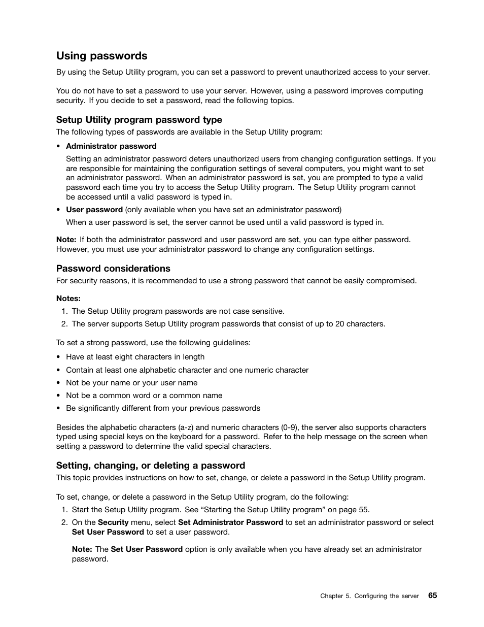 Using passwords | Lenovo THINKSERVER 392 User Manual | Page 77 / 248