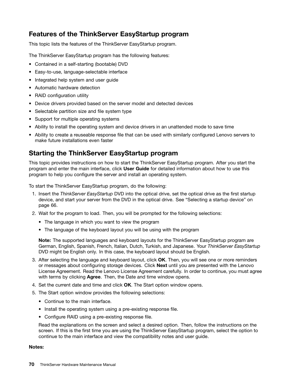 Features of the thinkserver easystartup program, Starting the thinkserver easystartup program | Lenovo THINKSERVER 392 User Manual | Page 82 / 248