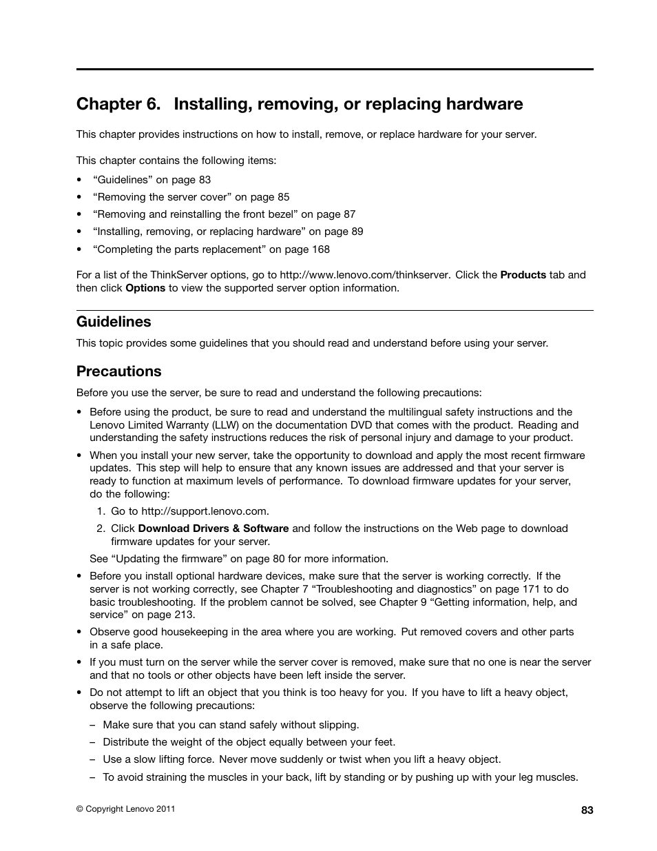 Guidelines, Precautions, Chapter 6 “installing, removing | Lenovo THINKSERVER 392 User Manual | Page 95 / 248
