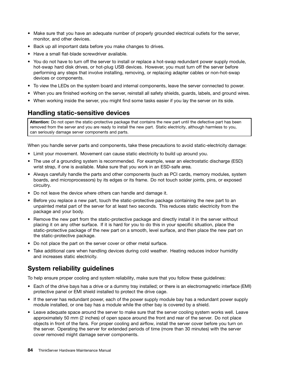 Handling static-sensitive devices, System reliability guidelines | Lenovo THINKSERVER 392 User Manual | Page 96 / 248