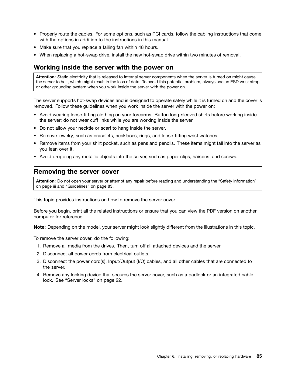 Working inside the server with the power on, Removing the server cover | Lenovo THINKSERVER 392 User Manual | Page 97 / 248