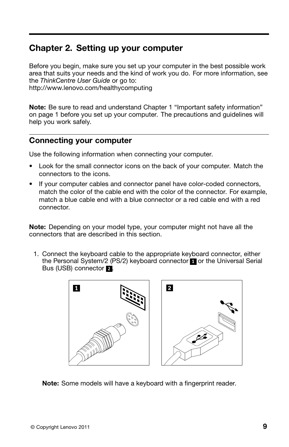 Chapter 2. setting up your computer, Connecting your computer | Lenovo 0B39663 User Manual | Page 13 / 52