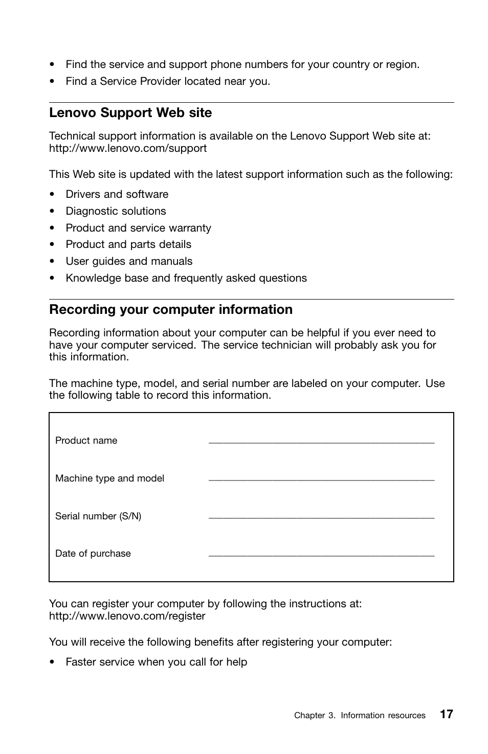Lenovo support web site, Recording your computer information | Lenovo 0B39663 User Manual | Page 21 / 52