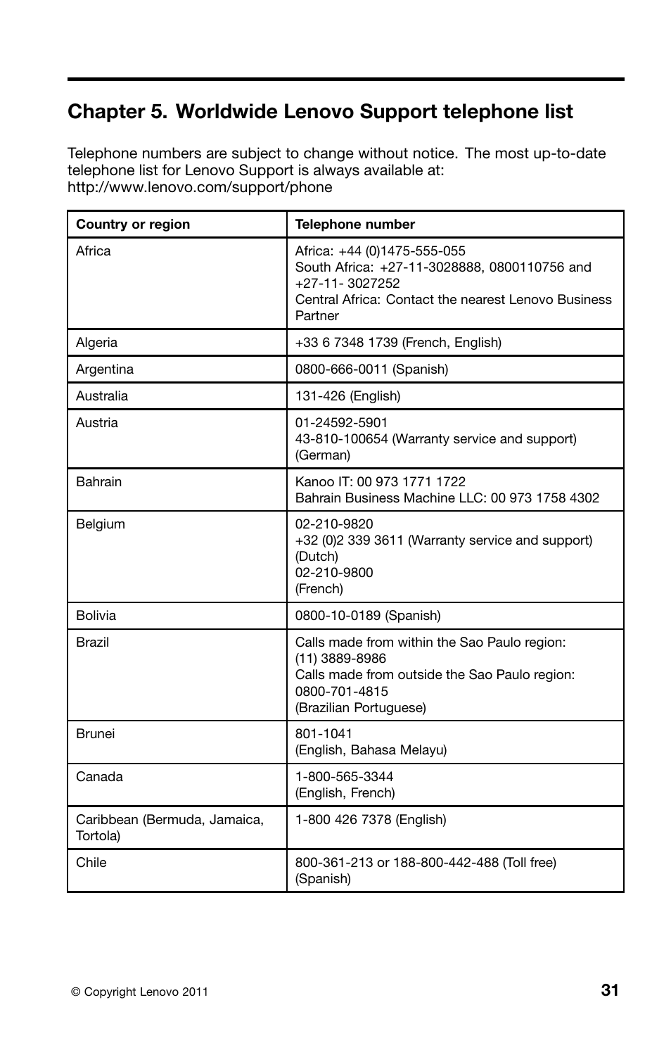 Chapter 5. worldwide lenovo support telephone list | Lenovo 0B39663 User Manual | Page 35 / 52