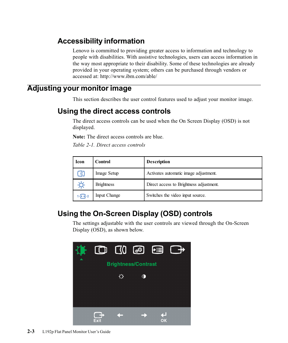 Adjusting your monitor image, Using the direct access controls, Using the on-screen display (osd) controls | Accessibility information | Lenovo L192P User Manual | Page 14 / 35