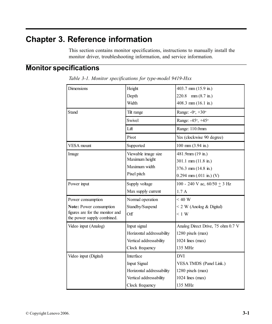 Chapter 3. reference information, Monitor specifications | Lenovo L192P User Manual | Page 21 / 35