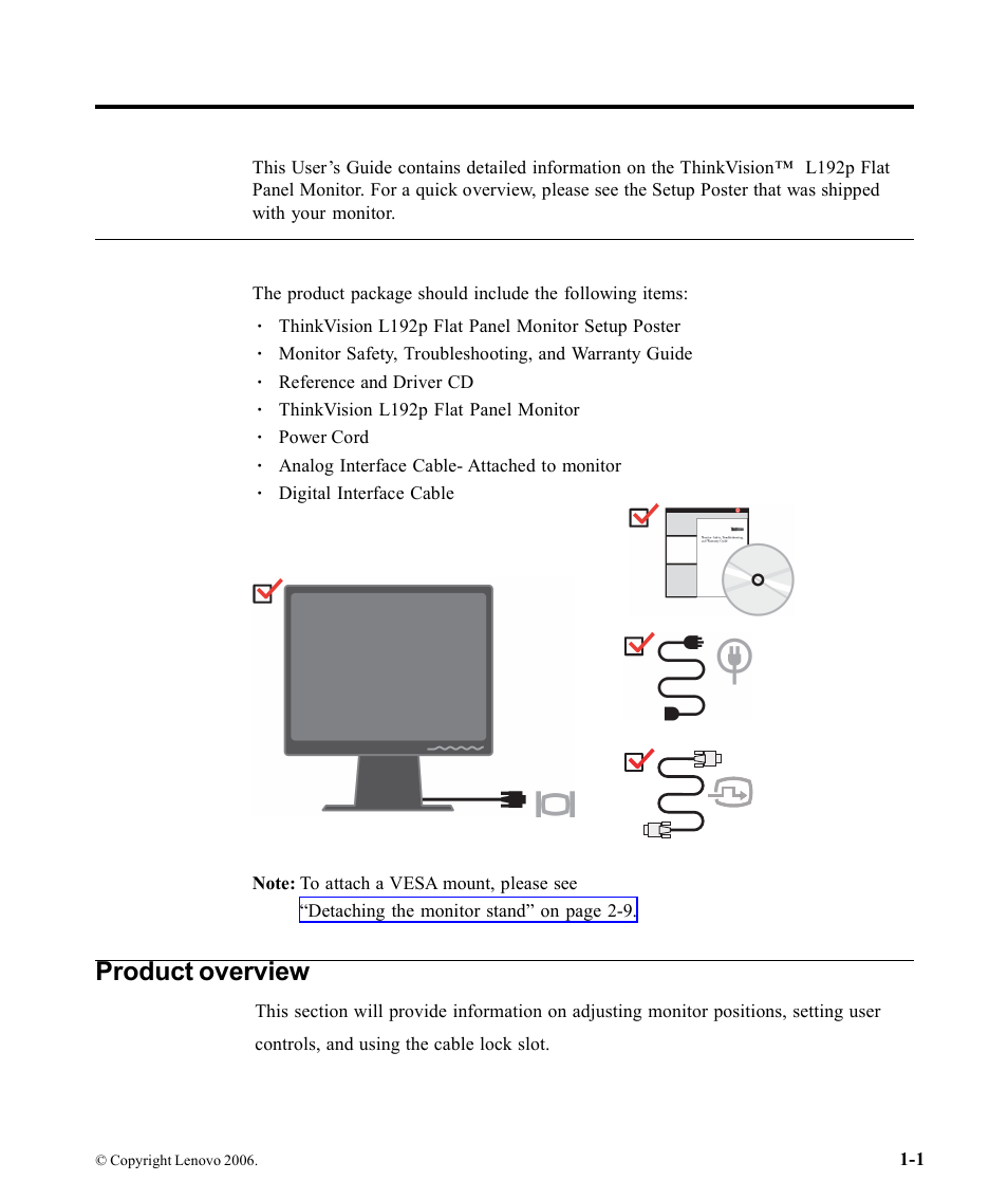 Chapter 1. getting started, Shipping contents, Product overview | Lenovo L192P User Manual | Page 5 / 35