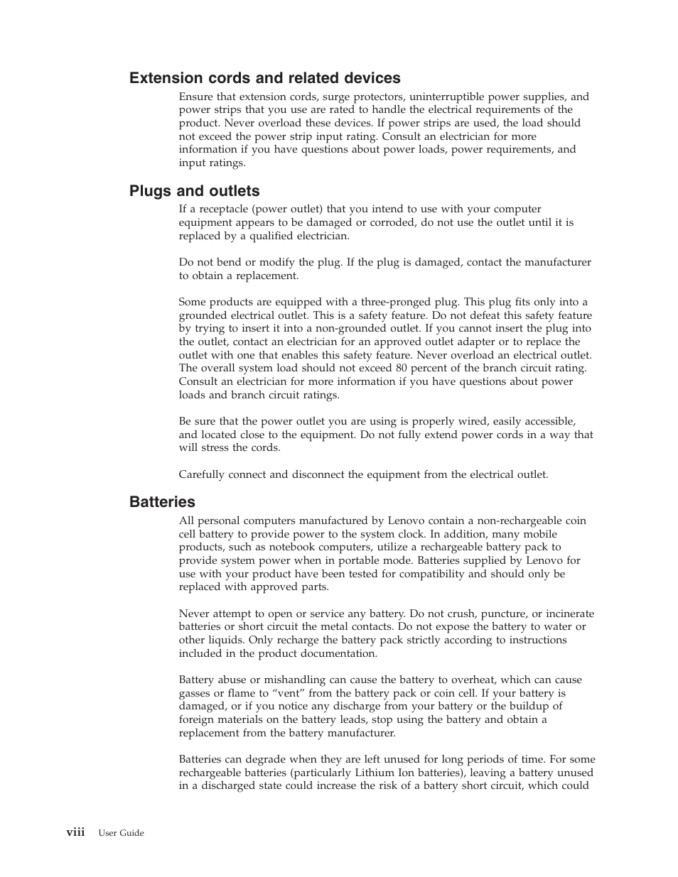 Extension cords and related devices, Plugs and outlets, Batteries | Extension, Cords, Related, Devices, Viii, Plugs, Outlets | Lenovo ThinkVision E50 User Manual | Page 10 / 62