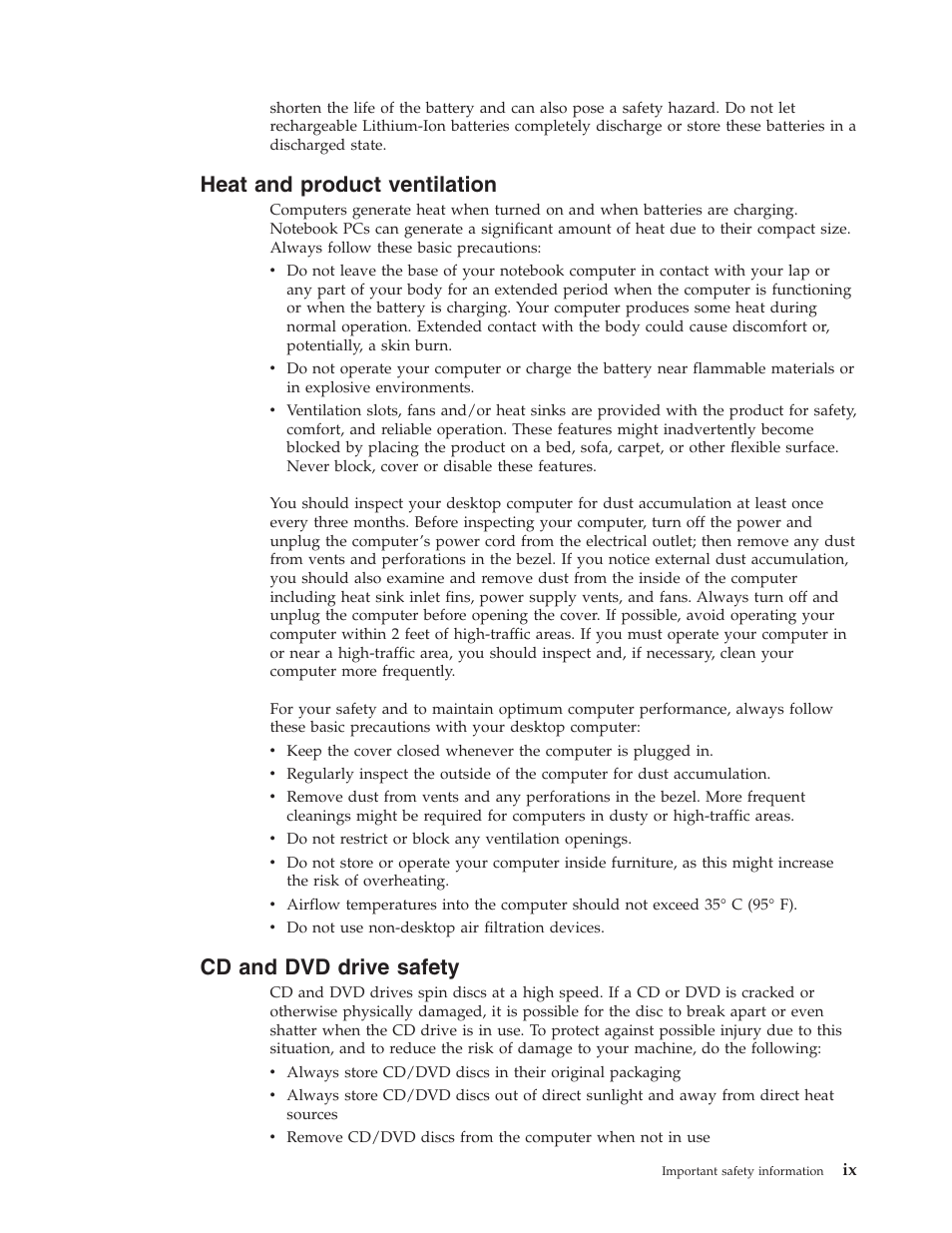 Heat and product ventilation, Cd and dvd drive safety, Heat | Product, Ventilation, Drive, Safety | Lenovo ThinkVision E50 User Manual | Page 11 / 62