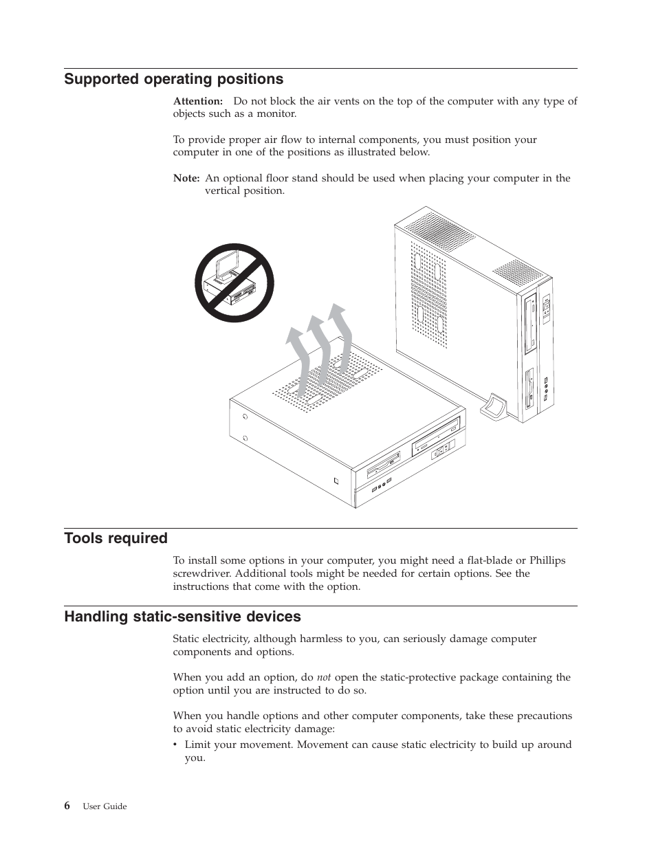 Supported operating positions, Tools required, Handling static-sensitive devices | Supported, Operating, Positions, Tools, Required, Handling, Static-sensitive | Lenovo ThinkVision E50 User Manual | Page 22 / 62