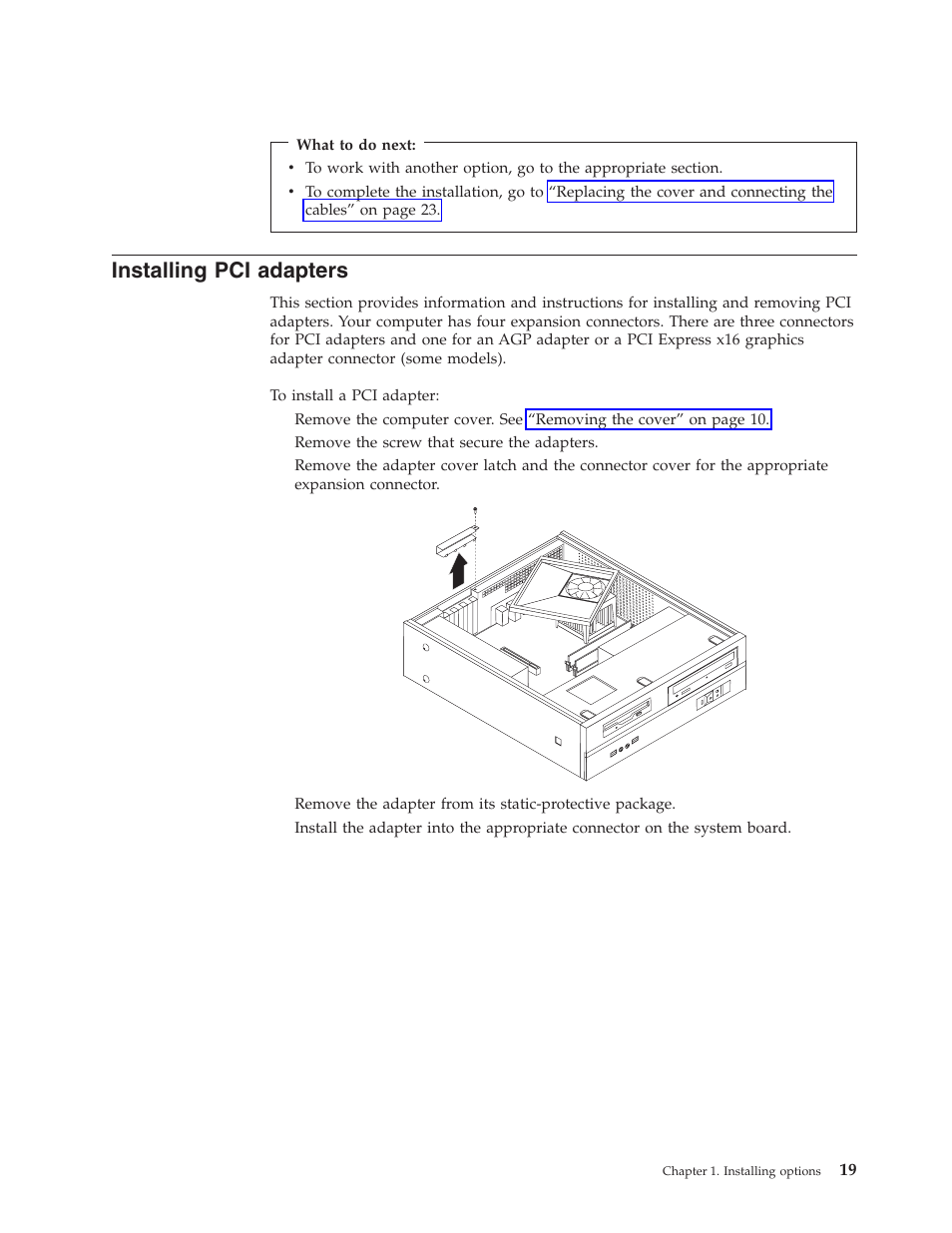 Installing pci adapters, Installing, Adapters | Lenovo ThinkVision E50 User Manual | Page 35 / 62