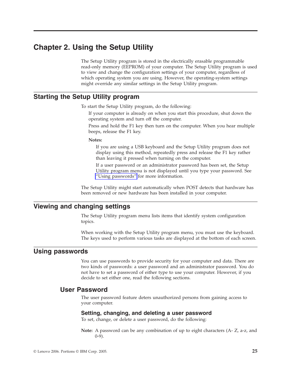 Chapter 2. using the setup utility, Starting the setup utility program, Viewing and changing settings | Using passwords, User password, Setting, changing, and deleting a user password, Chapter, Using, Setup, Utility | Lenovo ThinkVision E50 User Manual | Page 41 / 62