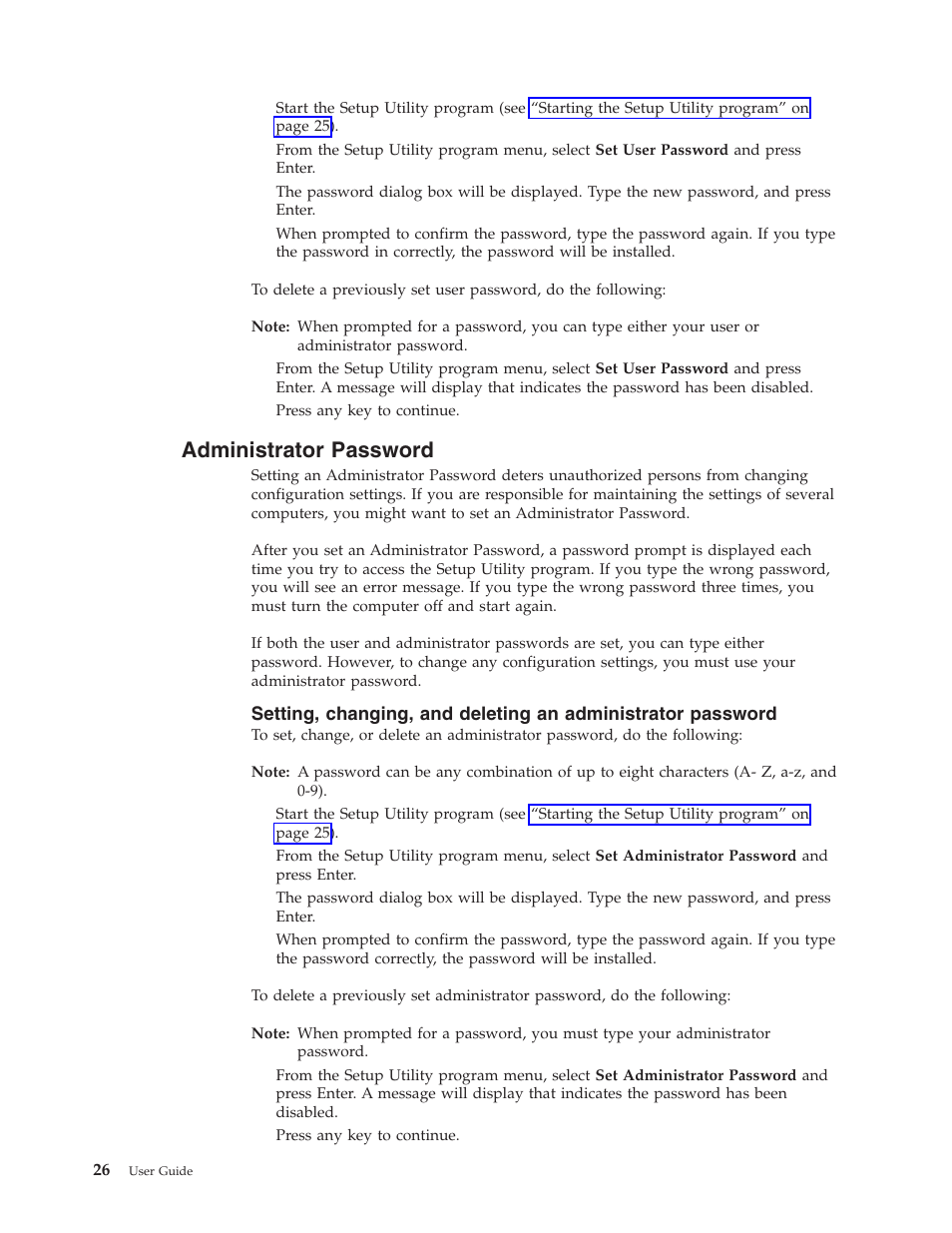 Administrator password, Administrator, Password | Setting, Changing, Deleting | Lenovo ThinkVision E50 User Manual | Page 42 / 62