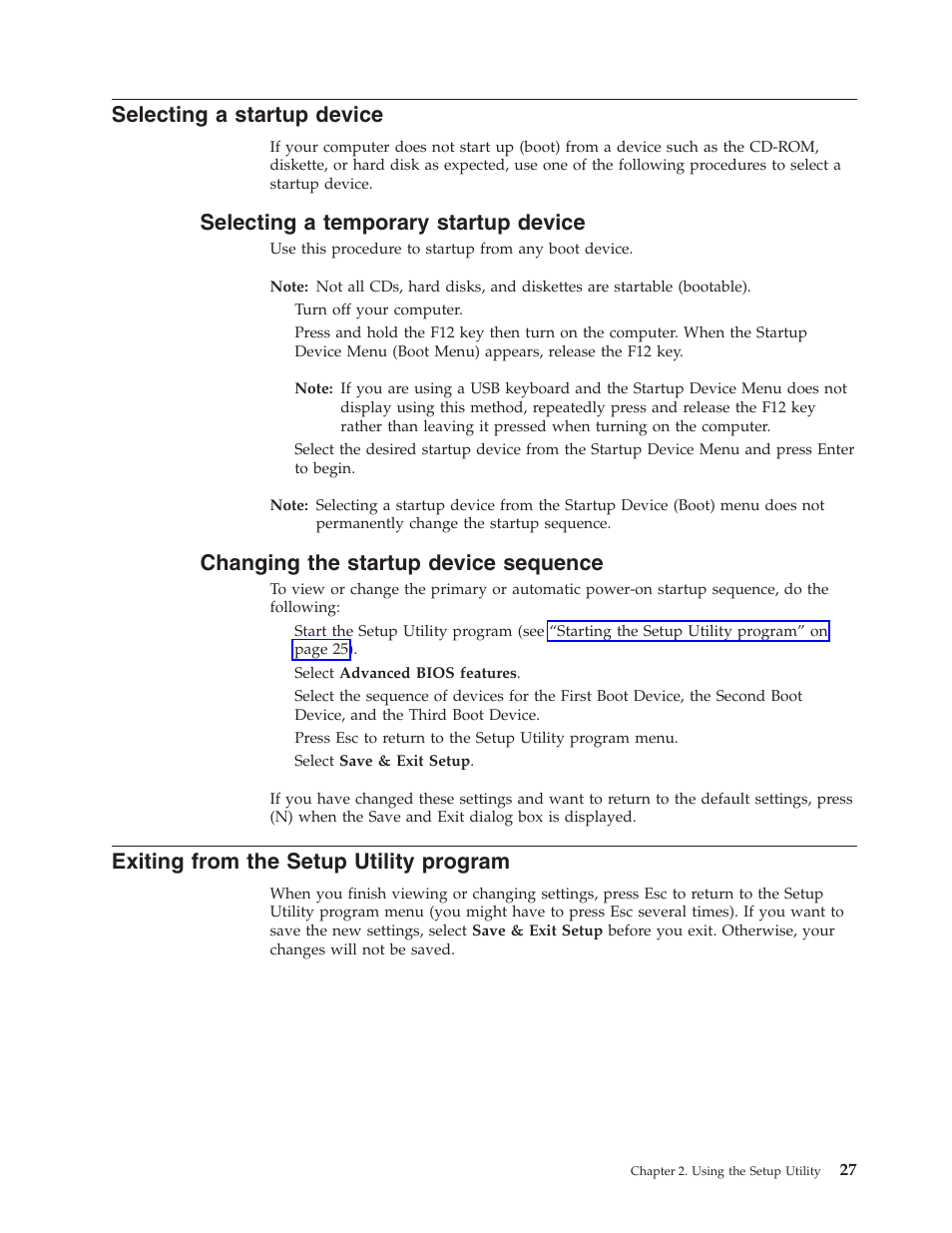 Selecting a startup device, Selecting a temporary startup device, Changing the startup device sequence | Exiting from the setup utility program, Selecting, Startup, Device, Temporary, Changing, Sequence | Lenovo ThinkVision E50 User Manual | Page 43 / 62