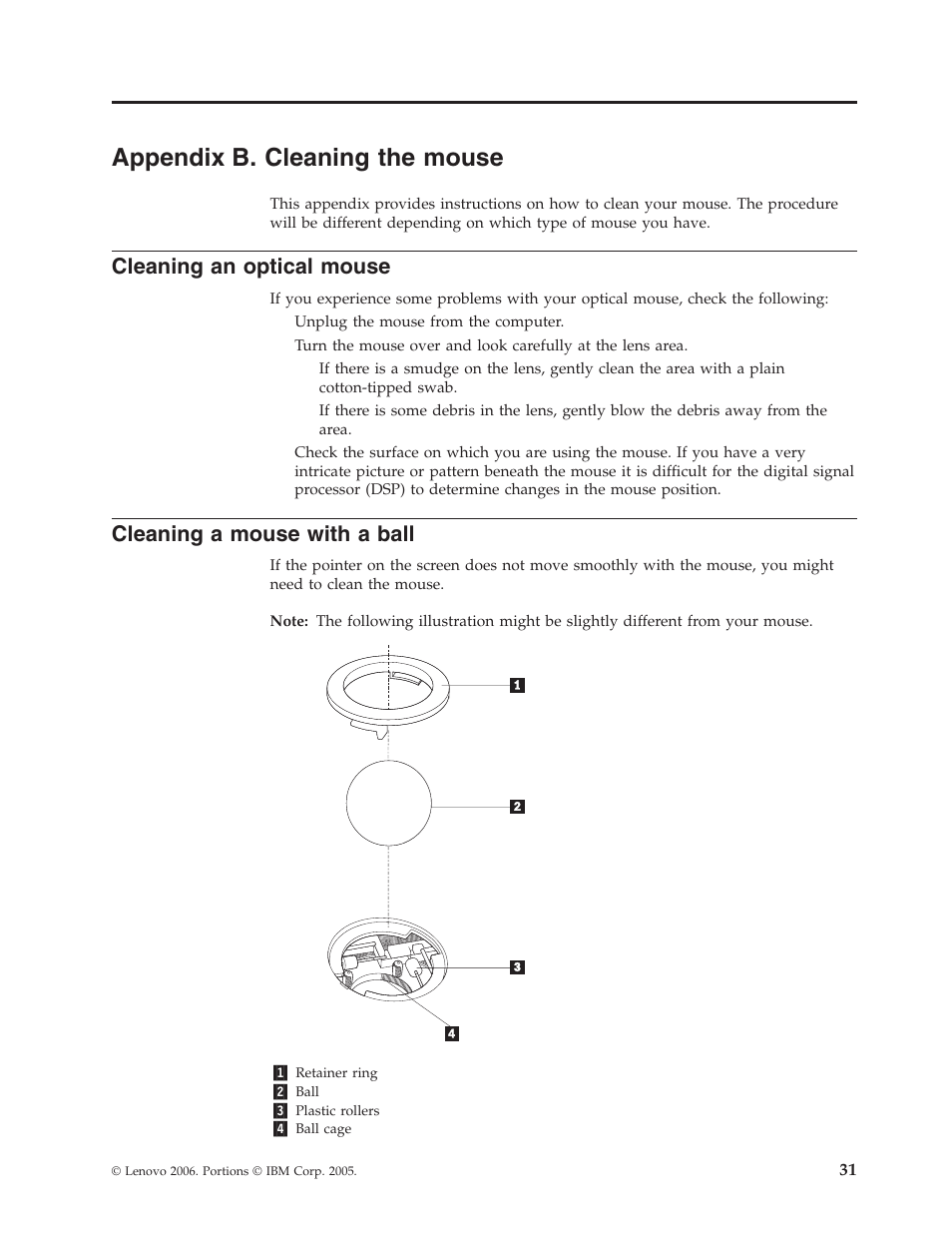 Appendix b. cleaning the mouse, Cleaning an optical mouse, Cleaning a mouse with a ball | Appendix, Cleaning, Mouse, Optical, With, Ball | Lenovo ThinkVision E50 User Manual | Page 47 / 62