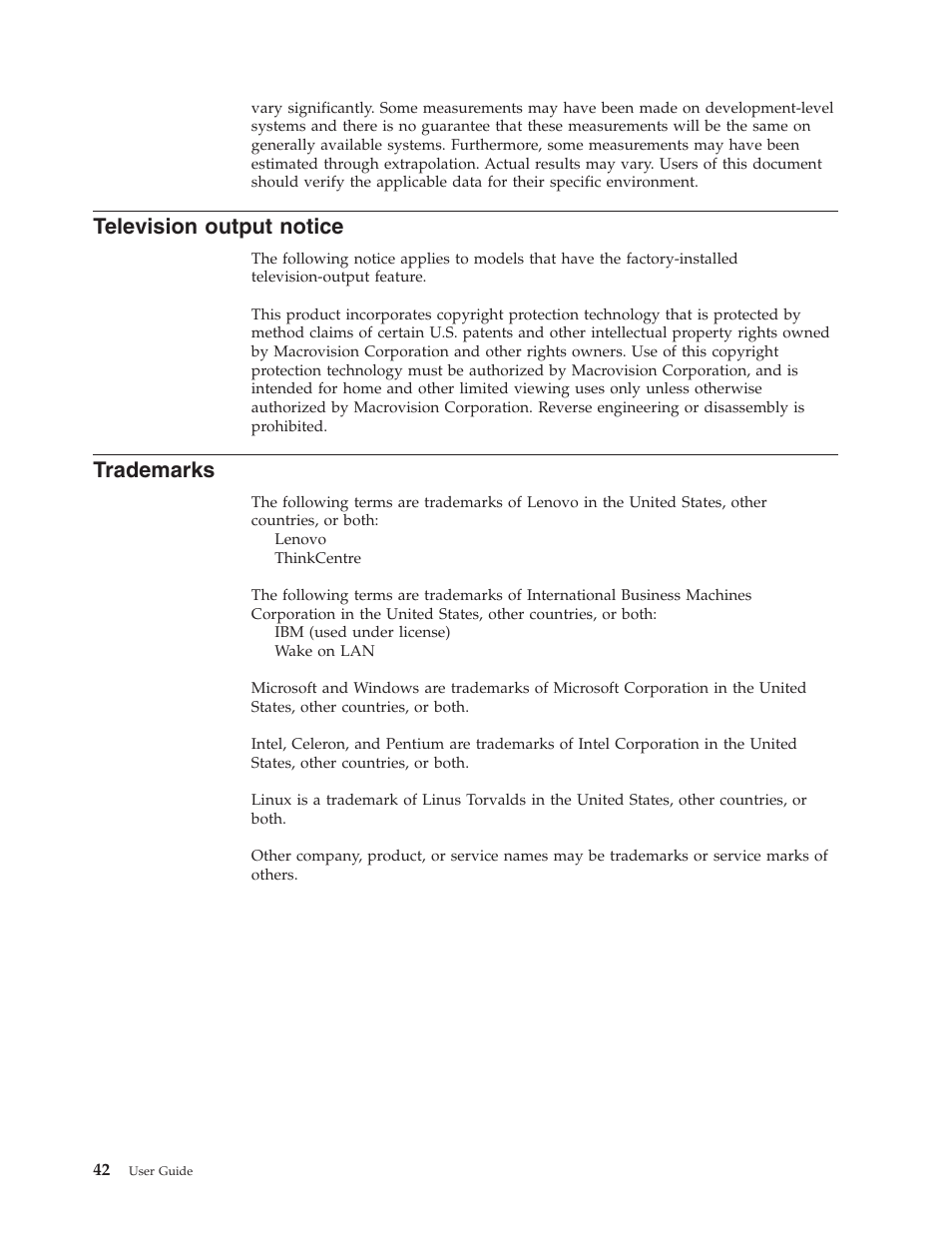 Television output notice, Trademarks, Television | Output, Notice | Lenovo ThinkVision E50 User Manual | Page 58 / 62