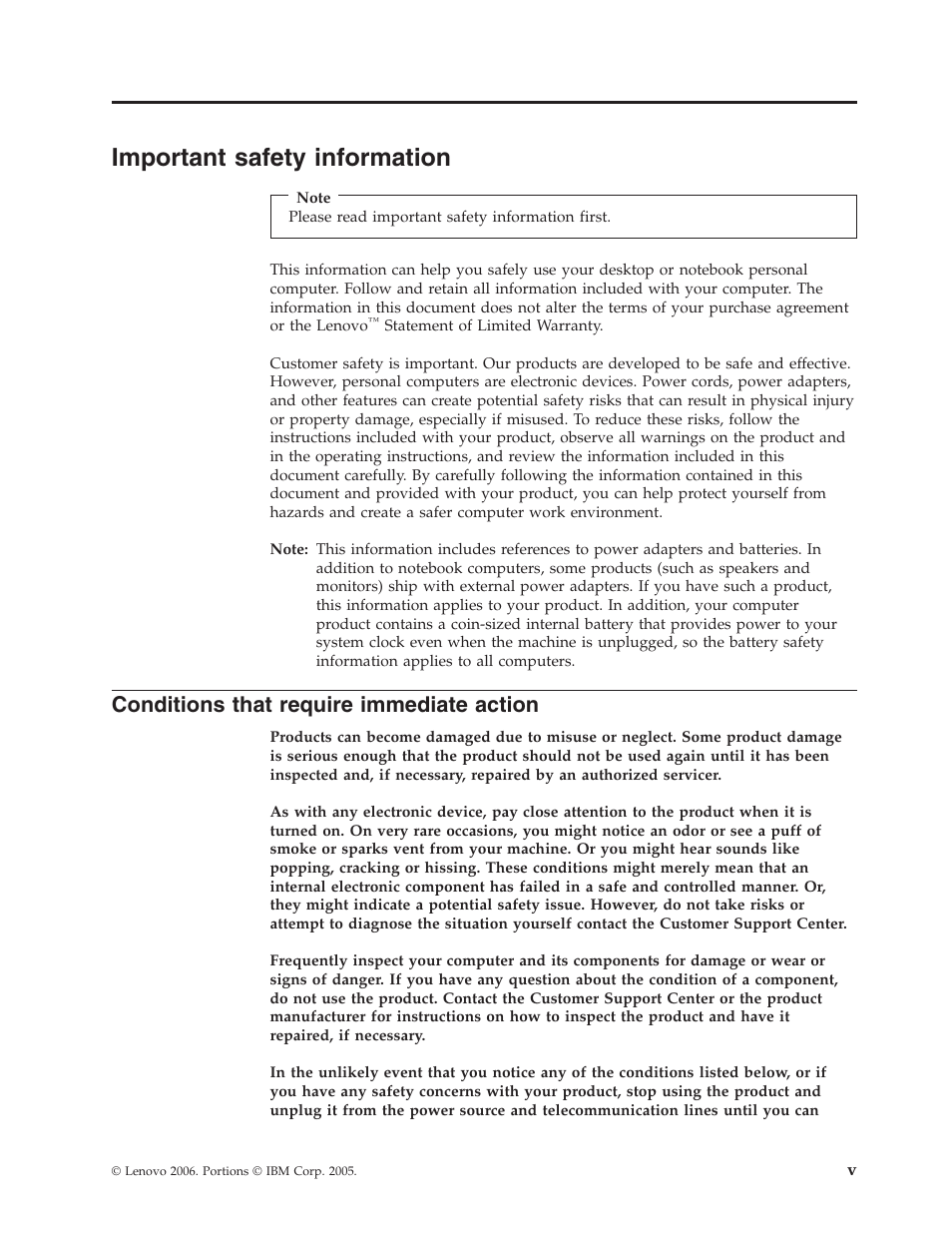 Important safety information, Conditions that require immediate action, Important | Safety, Information, Conditions, That, Require, Immediate, Action | Lenovo ThinkVision E50 User Manual | Page 7 / 62