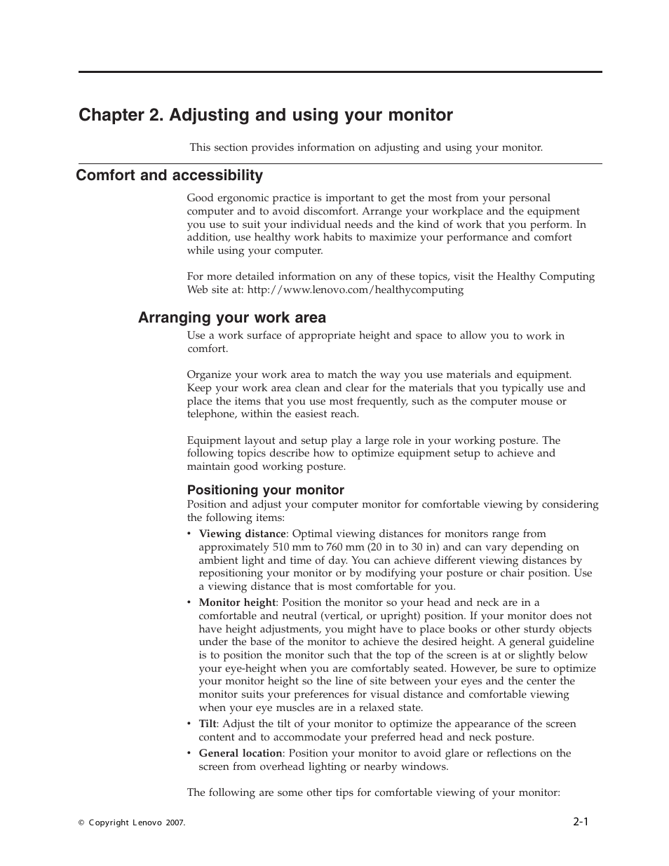 Chapter 2. adjusting and using your monitor, Comfort and accessibility, Arranging your work area | Positioning your monitor, Chapter, Adjusting, Using, Your, Monitor, Comfort | Lenovo L193 User Manual | Page 10 / 29