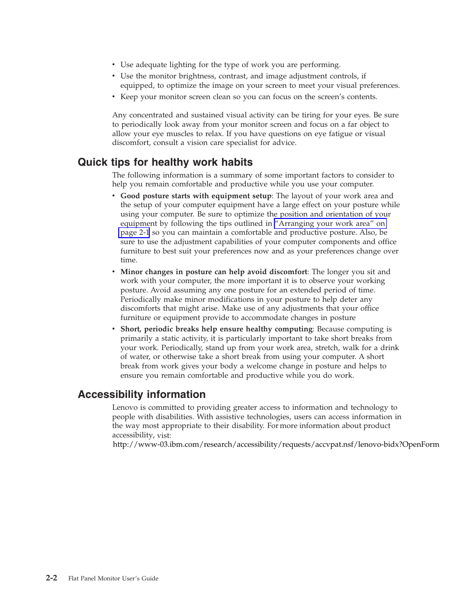 Quick tips for healthy work habits, Accessibility information, Quick | Tips, Healthy, Work, Habits, Accessibility, Information | Lenovo L193 User Manual | Page 11 / 29