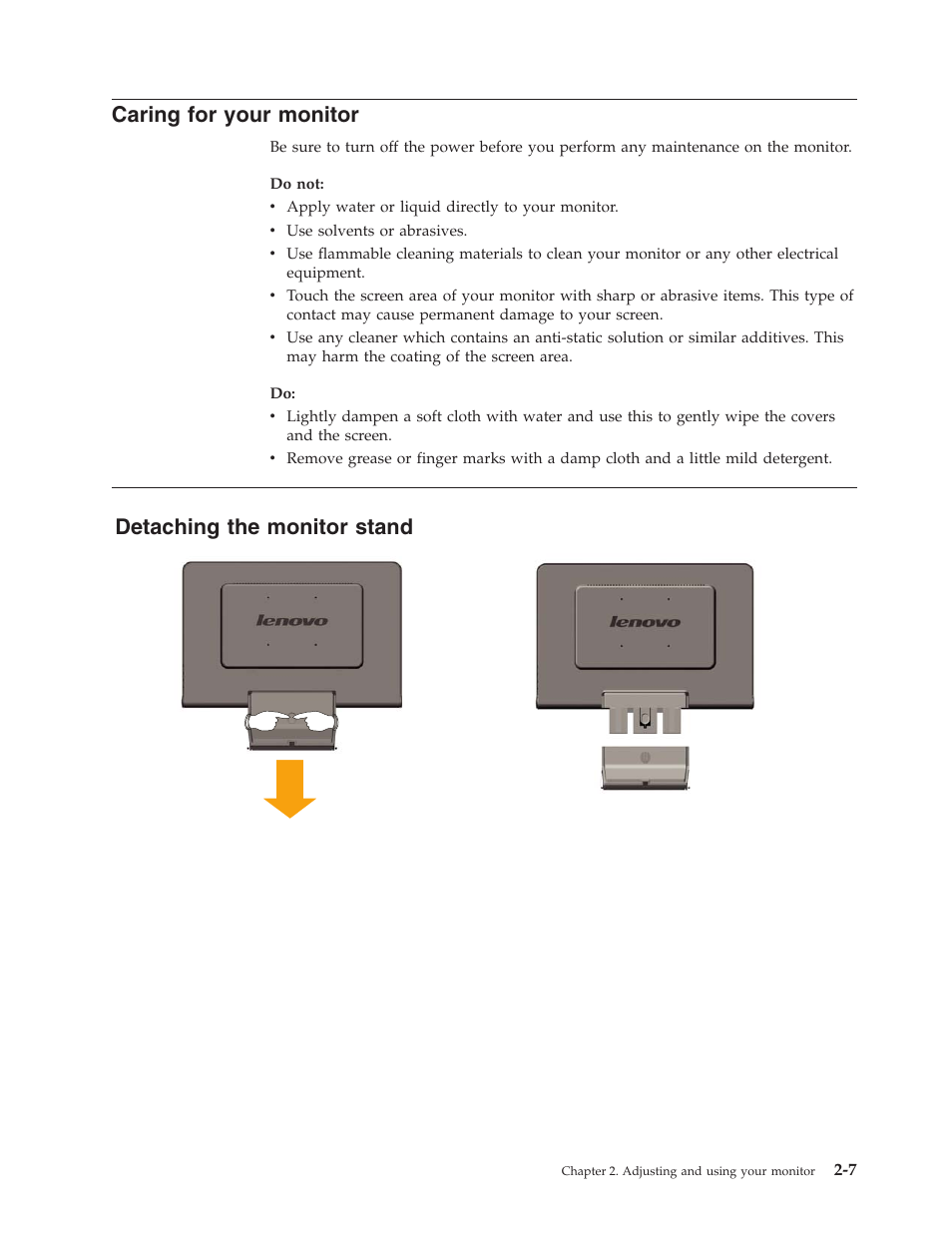 Caring for your monitor, Detaching the monitor stand, Caring | Your, Monitor, Detaching, Stand | Lenovo L193 User Manual | Page 16 / 29
