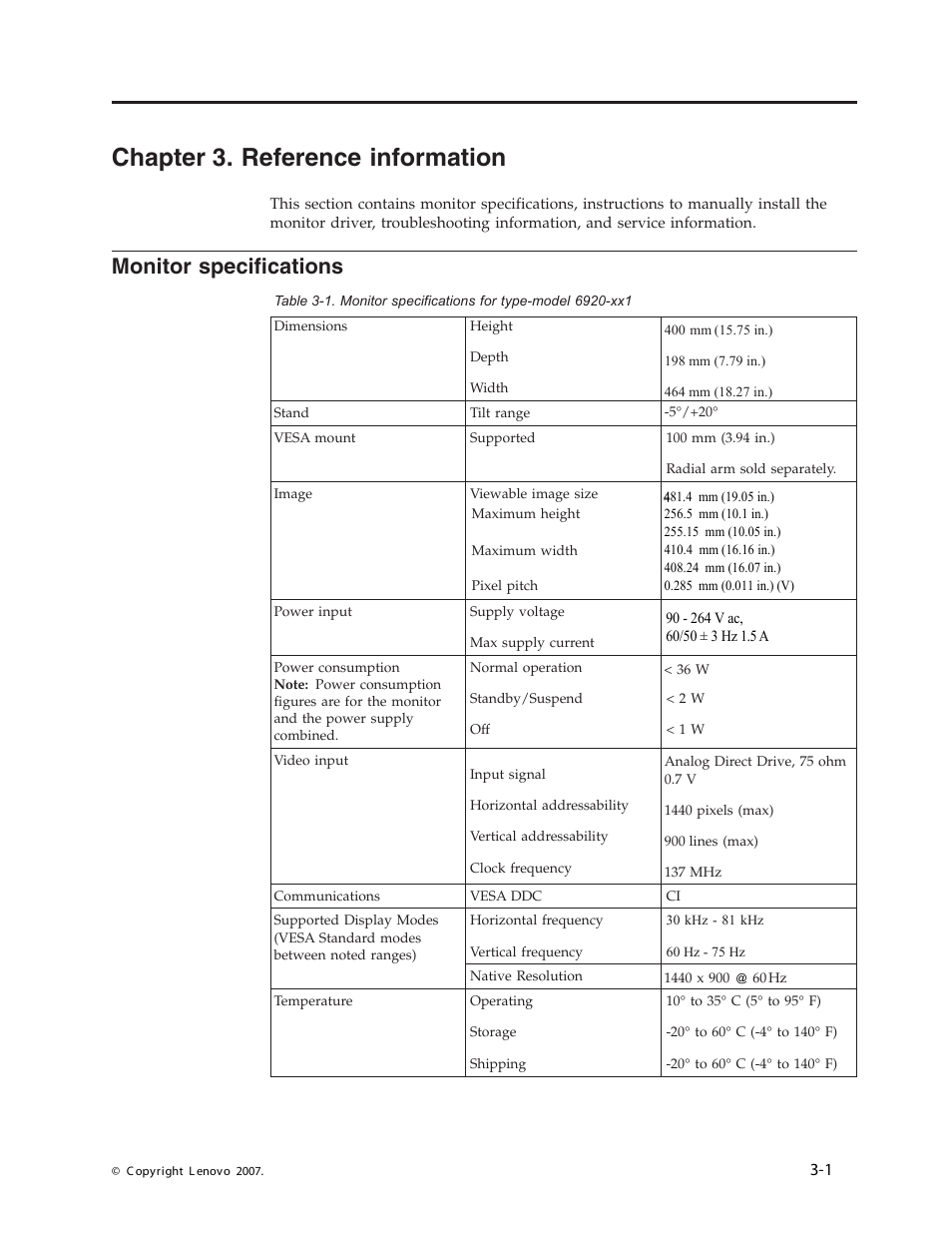 Chapter 3. reference information, Monitor specifications, Chapter | Reference, Information, Monitor, Specifications | Lenovo L193 User Manual | Page 17 / 29