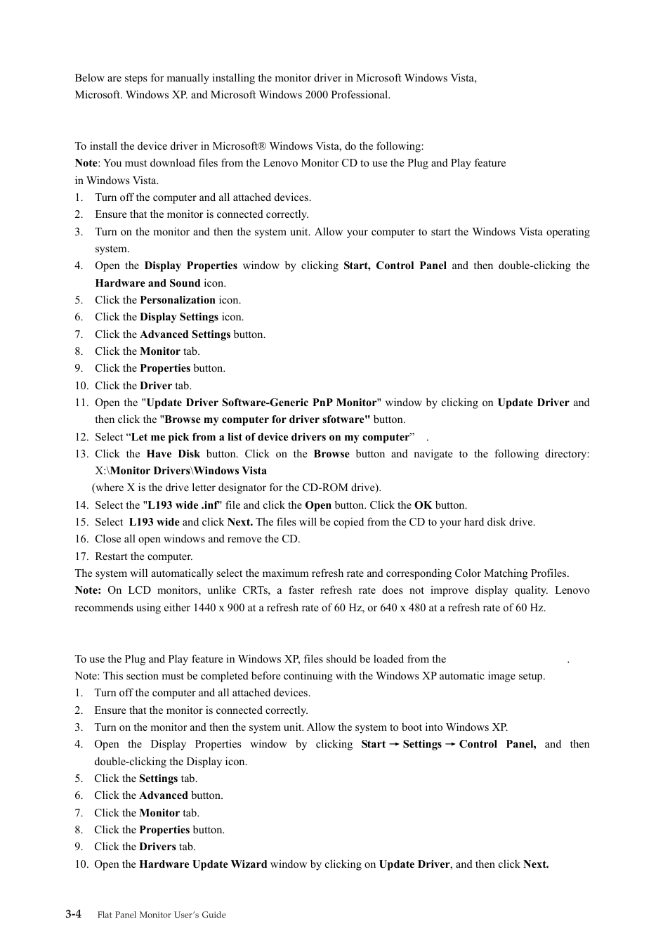 Manually installing the monitor driver, Installing the monitor driver in windows xp, Installing the monitor driver in windows 2000 | Manually, Installing, Monitor, Driver | Lenovo L193 User Manual | Page 20 / 29
