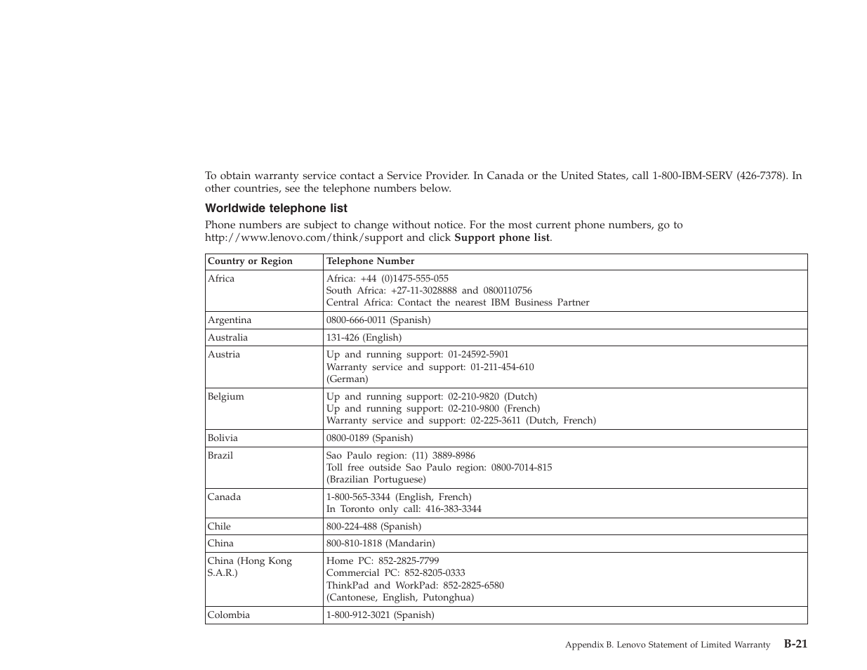 Worldwide telephone list, Worldwide, Telephone | List, B-21 | Lenovo E500 User Manual | Page 48 / 62