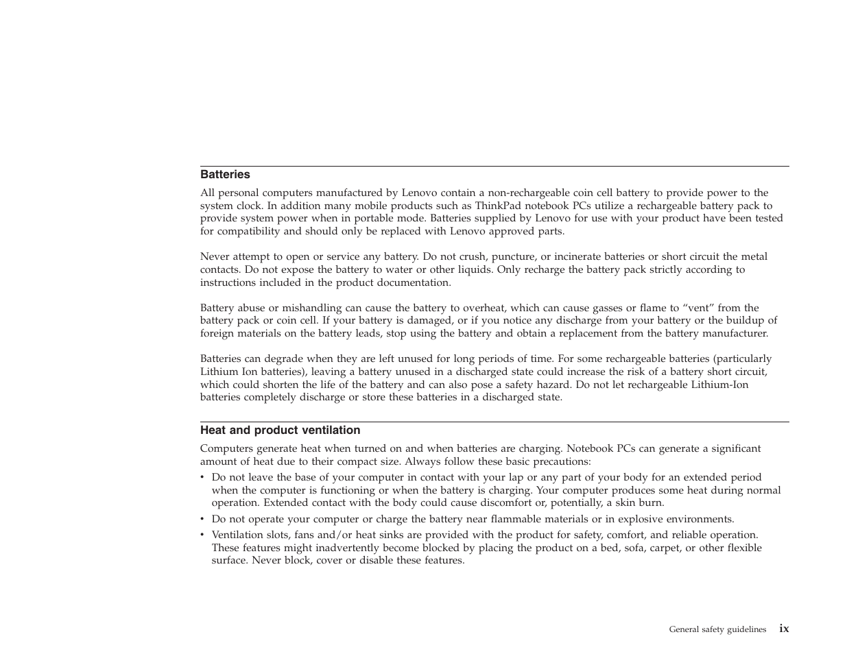 Batteries, Heat and product ventilation | Lenovo E500 User Manual | Page 5 / 62