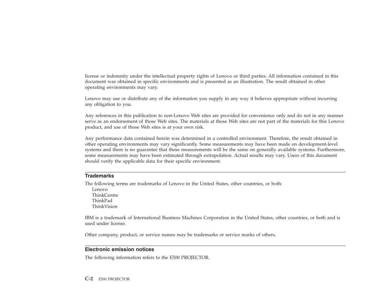 Trademarks, Electronic emission notices | Lenovo E500 User Manual | Page 55 / 62