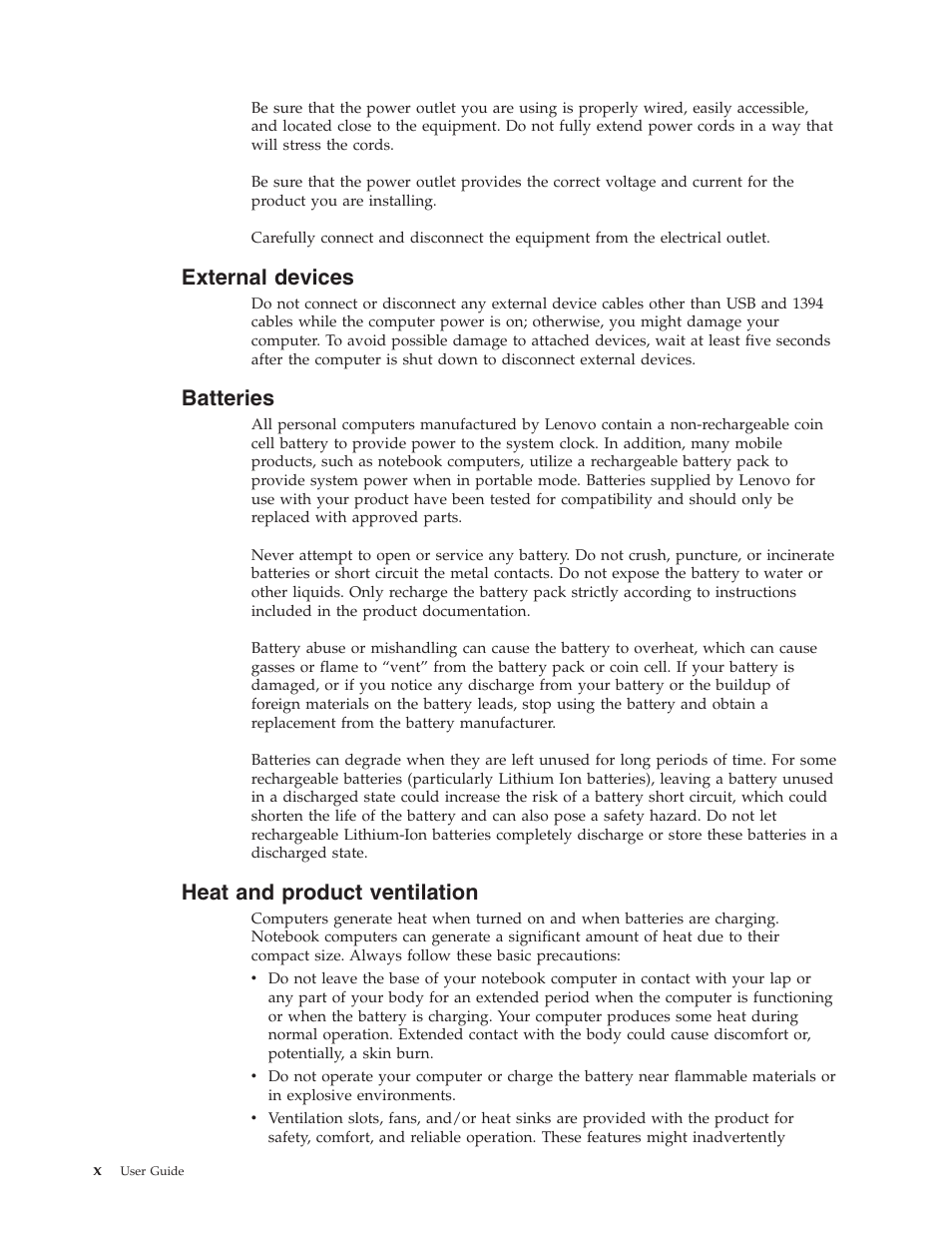 External devices, Batteries, Heat and product ventilation | External, Devices, Heat, Product, Ventilation | Lenovo 3000 J Series User Manual | Page 12 / 96