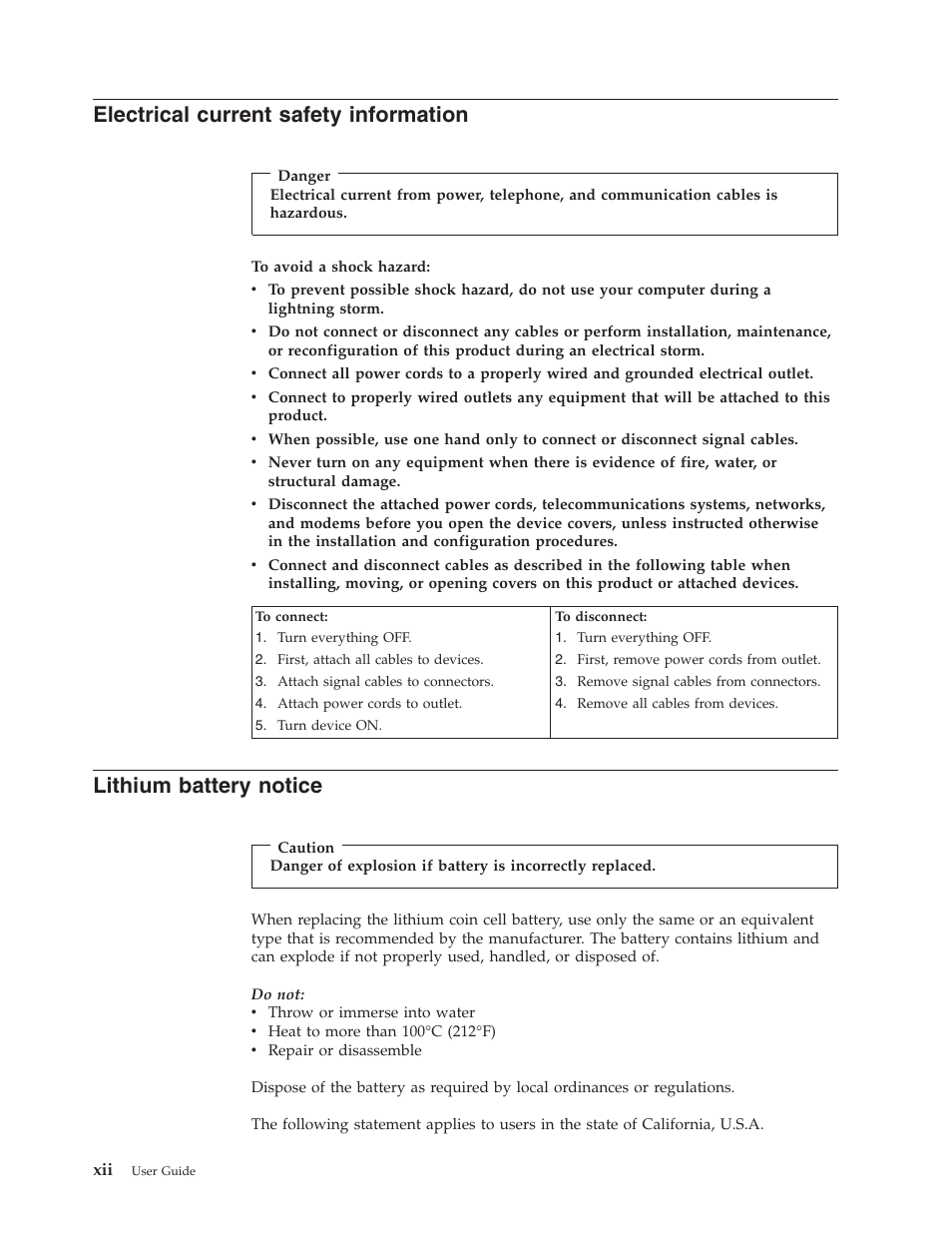 Electrical current safety information, Lithium battery notice, Electrical | Current, Safety, Information, Lithium, Battery, Notice | Lenovo 3000 J Series User Manual | Page 14 / 96