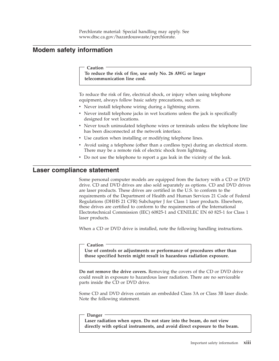 Modem safety information, Laser compliance statement, Modem | Safety, Information, Xiii, Laser, Compliance, Statement | Lenovo 3000 J Series User Manual | Page 15 / 96
